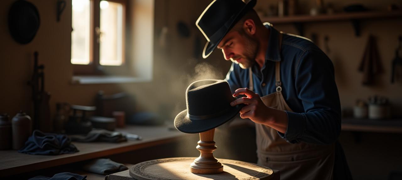 Artigiano cappellaio al lavoro in atelier Roma