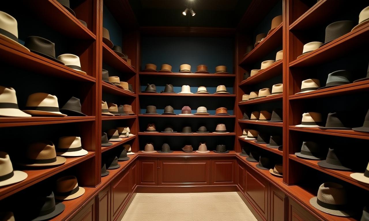 Galleria di cappelli artigianali in esposizione nell'atelier Horologium Hats